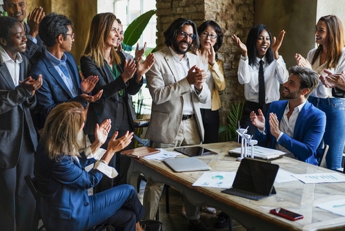 Multiracial,Business,People,Celebrating,Together,Inside,Modern,Office, ,Focus